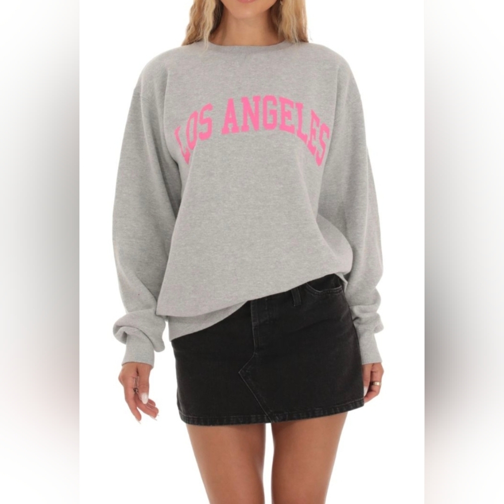 Los Angeles Oversized Gray Fleece Pullover Sweatshirt Hot Pink Graphic Women S/M